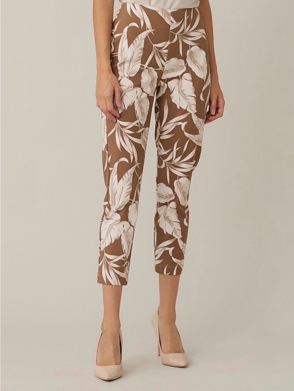 New Joseph Ribkoff Palm Trendy Pull On Capri Brown / White Tropical Pants Sz 12 - Picture 2 of 11